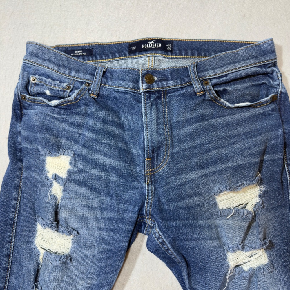 Hollister Epic Flex Skinny Jeans Mens 34x30 Medium Wash Distressed Ripped‎ Denim